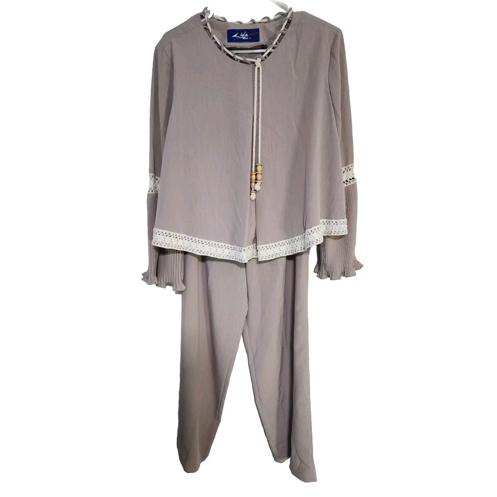Vintage Lida Womens Two Piece Grey Blouse Pants One Set Bead Tassle Outfit